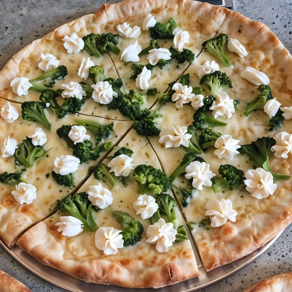 Little Anthony's white pizza with broccoli florets and dollops of ricotta cheese, sliced on a metal tray.