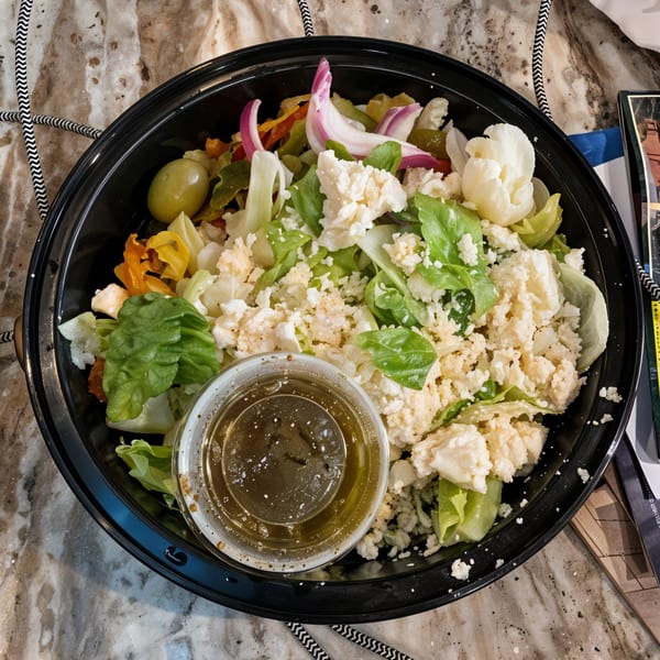 A large salad with lettuce, feta cheese, olives, and red onion in a black bowl.