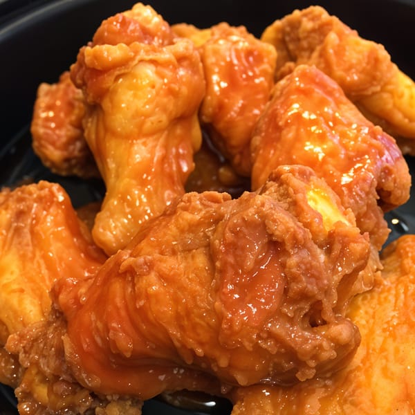 Close-up of several Little Anthony's chicken wings coated in a glistening orange sauce.