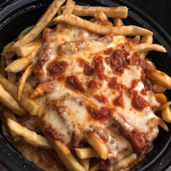 Golden french fries covered in melted mozzarella cheese and rich tomato sauce, served in a black bowl.